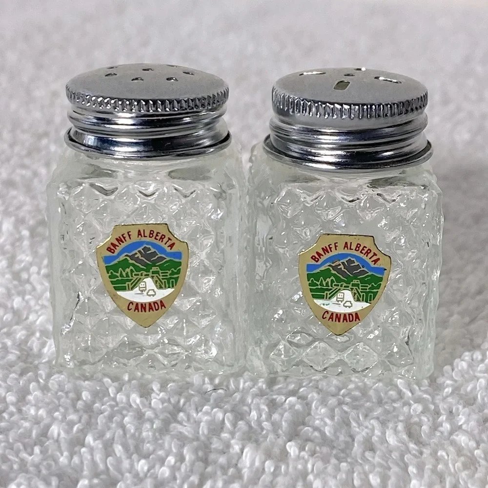 Vintage Banff Alberta Canada Tiny Glass Salt & Pepper Shakers